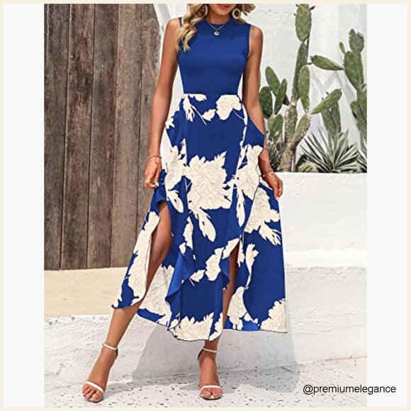 Sleeveless Midi Dress Crewneck Patchwork Boho Floral Ruffle A-Line Summer - Picture 3 of 7